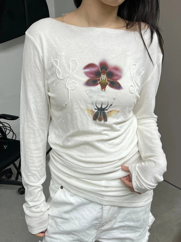 Y2k Aesthetic Flower Printing Casual Tshirts Women Harajuku Slim Fit Embroidery Tees 2025 Spring Grunge Slash Neck Simple Tops