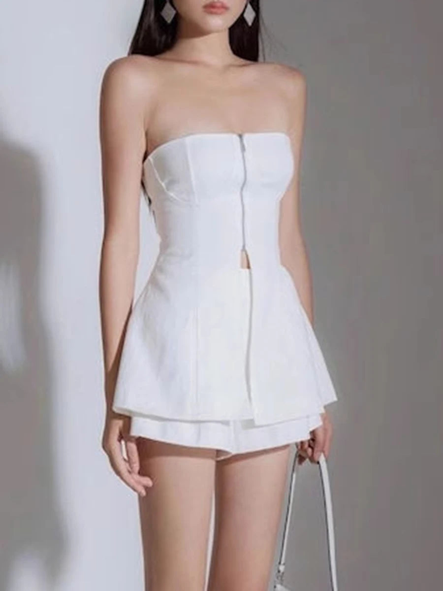 Solid Spliced Zipper Two Piece Set For Women Strapless Sleeveless Vest High Waist Shorts Elegnat Sets Female New