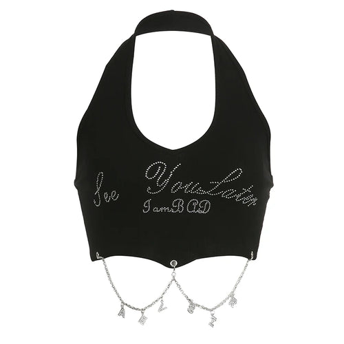 Load image into Gallery viewer, Street Style Punk Metal Chain Halter Tank Camis Gothic Harajuku Letter Rhinestone Open Back Summer Crop Tops Clothes
