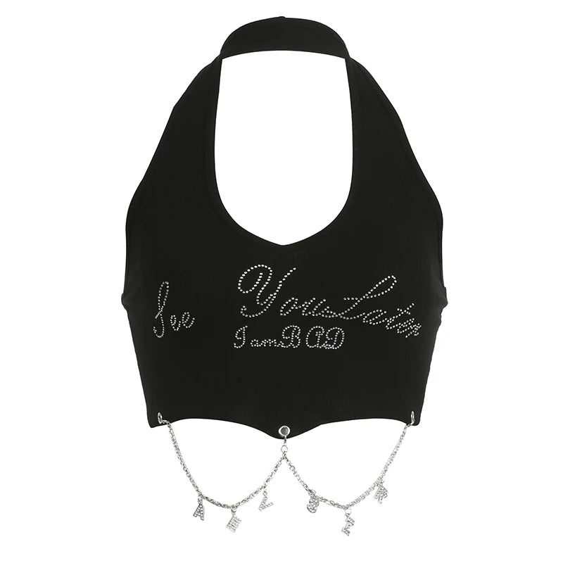 Street Style Punk Metal Chain Halter Tank Camis Gothic Harajuku Letter Rhinestone Open Back Summer Crop Tops Clothes