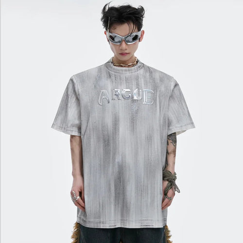 Load image into Gallery viewer, Niche Silver Brush Men T-shirts Letters Printing Short Sleeved Metal Shoulder Pads Round Neck Male Tops Fashion 24E1292
