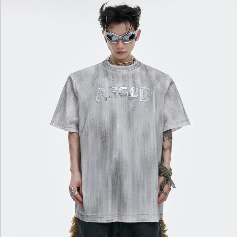 Niche Silver Brush Men T-shirts Letters Printing Short Sleeved Metal Shoulder Pads Round Neck Male Tops Fashion 24E1292