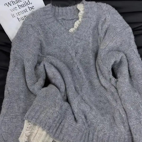 Load image into Gallery viewer, Autumn Winter Red Patchwork Elegant Warm Short Knitted Sweater Korean Women's Grey V-neck Long Sleeved Office Pullover Tops Chic
