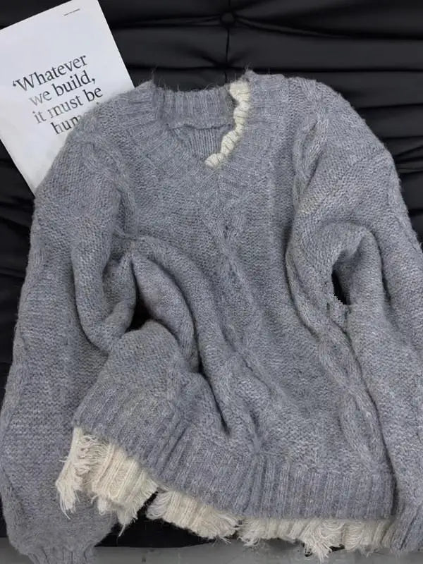 Autumn Winter Red Patchwork Elegant Warm Short Knitted Sweater Korean Women's Grey V-neck Long Sleeved Office Pullover Tops Chic