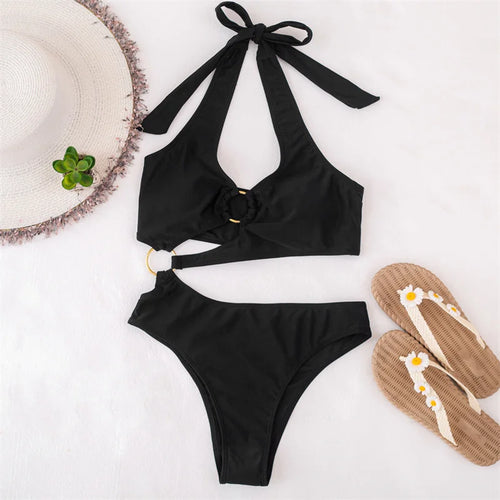 Load image into Gallery viewer, Halter One Piece Swimsuit 2024 Hollow Out Swimwear for Women Sexy Ring Bathing Suit High Waist Monokini
