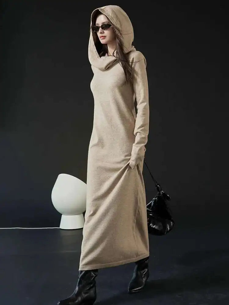Women Oat Color Knitting Ankle Length Dress New Hooded Long Sleeve Loose Fit Fashion Tide Spring Autumn 2025 1DH3764