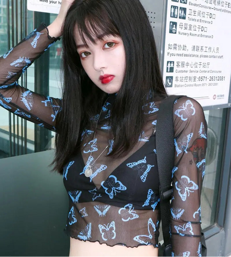 Sexy Y2k T Shirts Crop Top Women Clothing Half High Collar Gauze Tees Chic Summer Camisetas Butterfly See Through Casual T-shirt