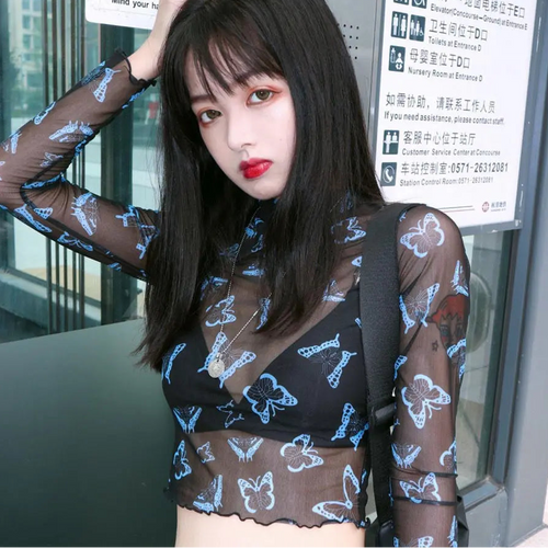 Load image into Gallery viewer, Sexy Y2k T Shirts Crop Top Women Clothing Half High Collar Gauze Tees Chic Summer Camisetas Butterfly See Through Casual T-shirt
