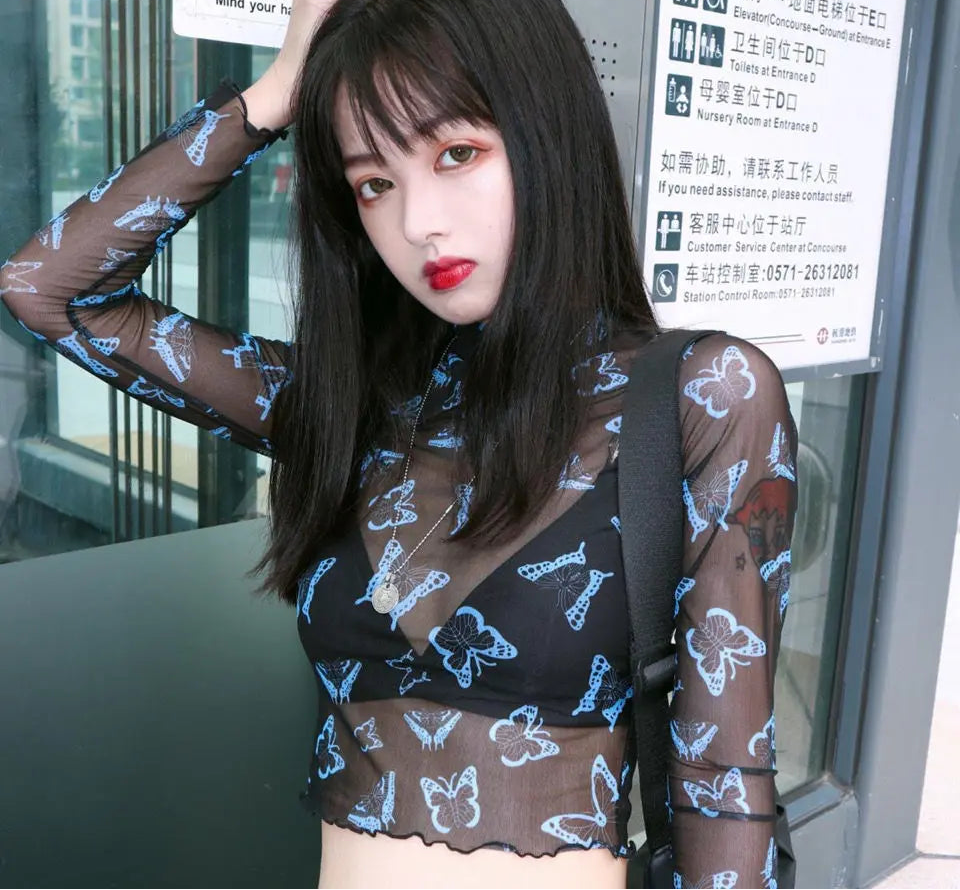 Sexy Y2k T Shirts Crop Top Women Clothing Half High Collar Gauze Tees Chic Summer Camisetas Butterfly See Through Casual T-shirt