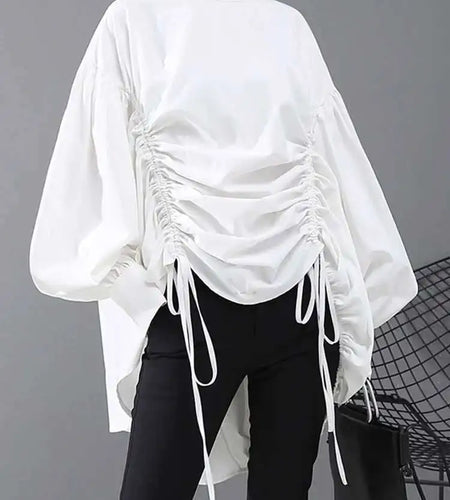 Women Back Long Drawstring Big Size Blouse New Satnd Collar Long Sleeve Loose Fit Shirt Fashion Spring Autumn 2025 1Z189