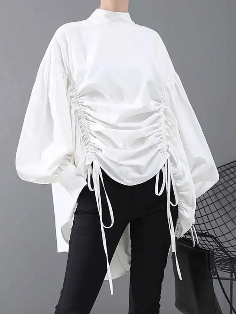 Women Back Long Drawstring Big Size Blouse New Satnd Collar Long Sleeve Loose Fit Shirt Fashion Spring Autumn 2025 1Z189