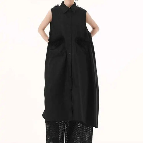 Load image into Gallery viewer, Women White Mesh Color-block Backless Big Size Shirt Dress New Lapel Sleeveless Fashion Tide Spring Summer 2025 1DH9518
