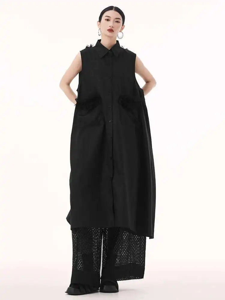 Women White Mesh Color-block Backless Big Size Shirt Dress New Lapel Sleeveless Fashion Tide Spring Summer 2025 1DH9518