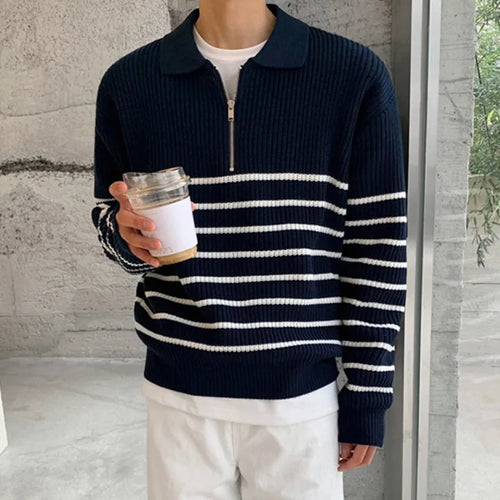 Load image into Gallery viewer, Autumn Men&#39;s Lapel Sweater Long Sleeve Korean Loose Casual Half Zipper Striped Fashion Temperament Male Pullover 9A5791
