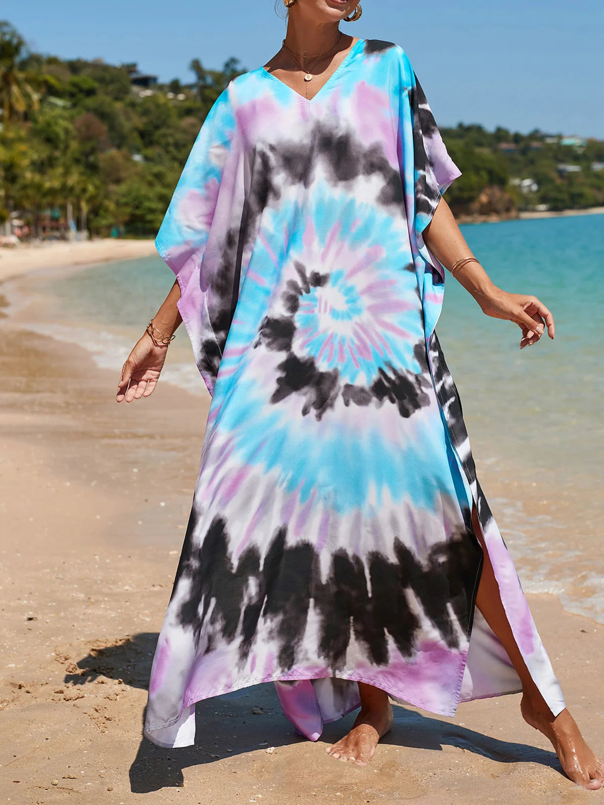 Colorful Kaftan Tunic Beach Cover Up Cover-ups Beach Dress Beach Wear Beachwear Loose Maxi Dress Female Women V4428