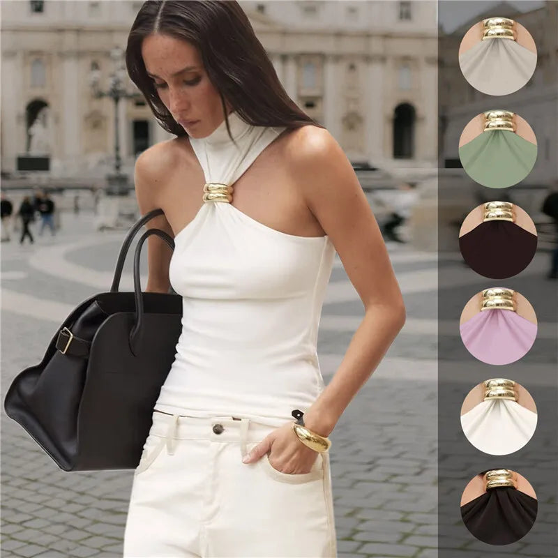 Turtleneck Basic Knit Tank Tops Women Vest Pullovers Metal Ring Camisole Sleeveless Skinny Knitted Tops Y2K Cropped Top