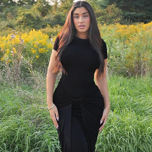 Load image into Gallery viewer, Short Sleeve Ruched Sexy Maxi Dress For Women Fashion Summer New Solid High Waist Slim Fit Elegant Long Dress Vestido
