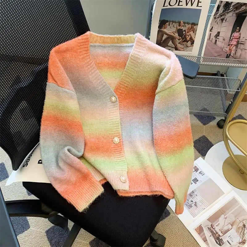 Autumn Winter French Retro Rainbow Colorblock Elegant Knitted Cardigan Tops Women V Neck Single Breasted Long Sleeve Sweater New