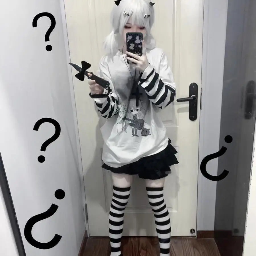 Japanese Shirts for Women Tshirts Patchwork Striped Long Sleeve Punk Tees 2023 Ropa Muer Casual Harajuku Y2k Oversized T-shirt