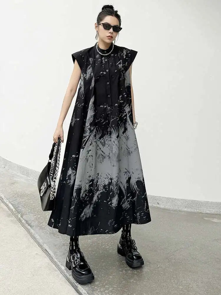 Women Black Pattern Printed Big Size Midi Shirt Dress New Stand Collar Sleeveless Fashion Tide Spring Summer 2025 1DH5837