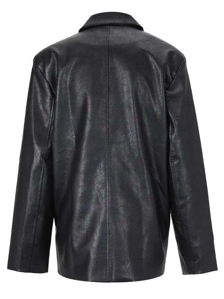 Women Black Pu Leather Big Size Blazer New Lapel Long Sleeve Loose Fit Jacket Fashion Tide Spring Autumn 2025 CPG0476