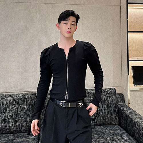 Load image into Gallery viewer, Personalized Male Top Long Sleeve Three Dimensional Structure Splicing Versatile Double Zippered Cardigan Men Slim 9C5670
