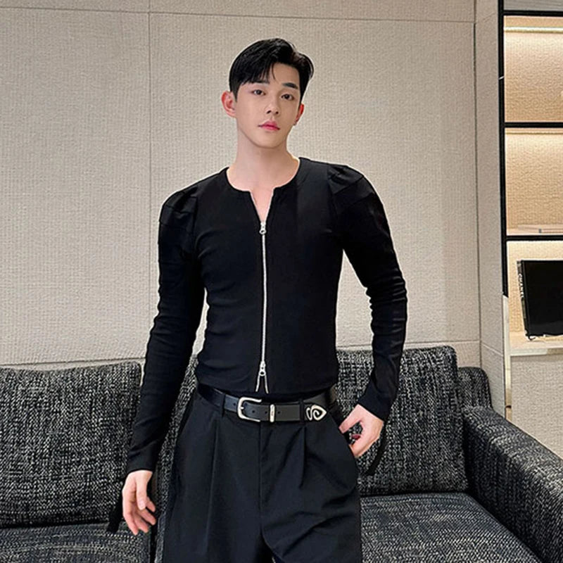 Personalized Male Top Long Sleeve Three Dimensional Structure Splicing Versatile Double Zippered Cardigan Men Slim 9C5670