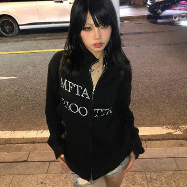 Y2k Aesthetic Letter Jacquard Knitted Cardigan Women Vintage Double Zippers Jacket Harajuku Loose Sweater Coat Grunge Streetwear