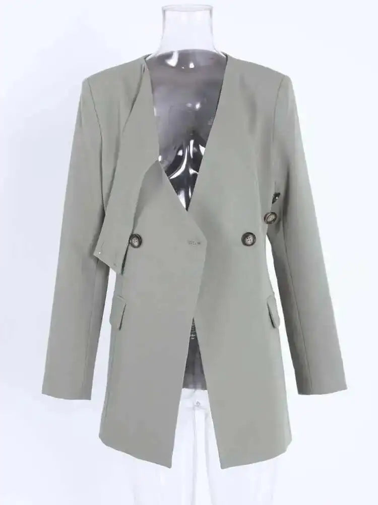 Women Gray Button Cross Hollow Out Elegant Blazer New V-neck Long Sleeve Jacket Fashion Tide Spring Autumn 2025 CPDB002