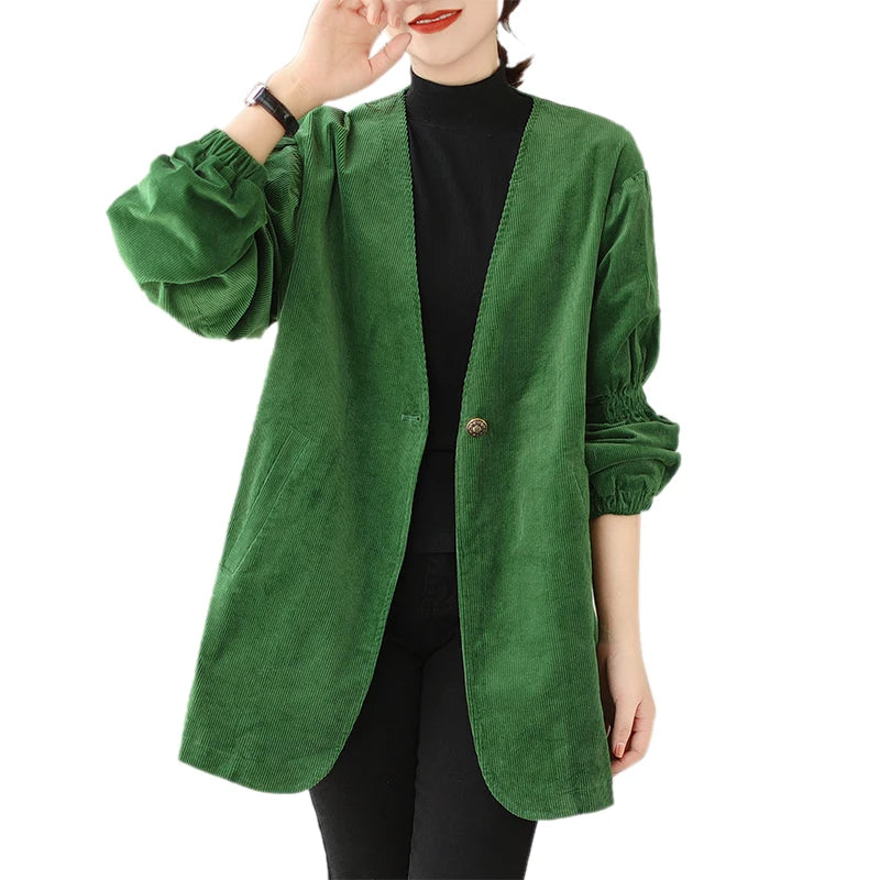 Women Green Retro Artistic Corduroy Blazer Jacket Spring Autumn V Neck Long Sleeve Versatile Loose High-end Workwear Suit Coats