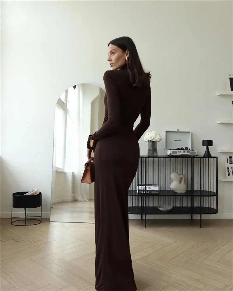 Turtleneck Thigh High Split Sexy Maxi Dress For Women Fashion Long Sleeve Draped Bandage Bodycon Club Long Dress