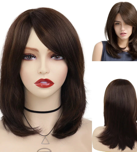 Synthetic Brown Wigs with Bangs Natural Wig for Women Long Bobs Hairstyle Brown Hair Wigs Free Part Hairline Mommy Wig