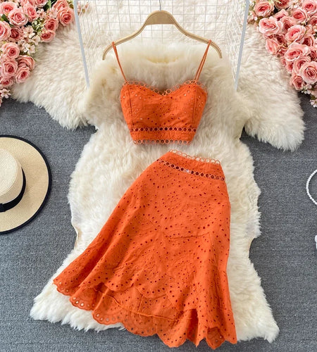 Summer Elegant Casual Fashion Skirts Suit Women Hallow Out Sleeveless Tanks Tops A-Line Two Pieces Set Female Outfits