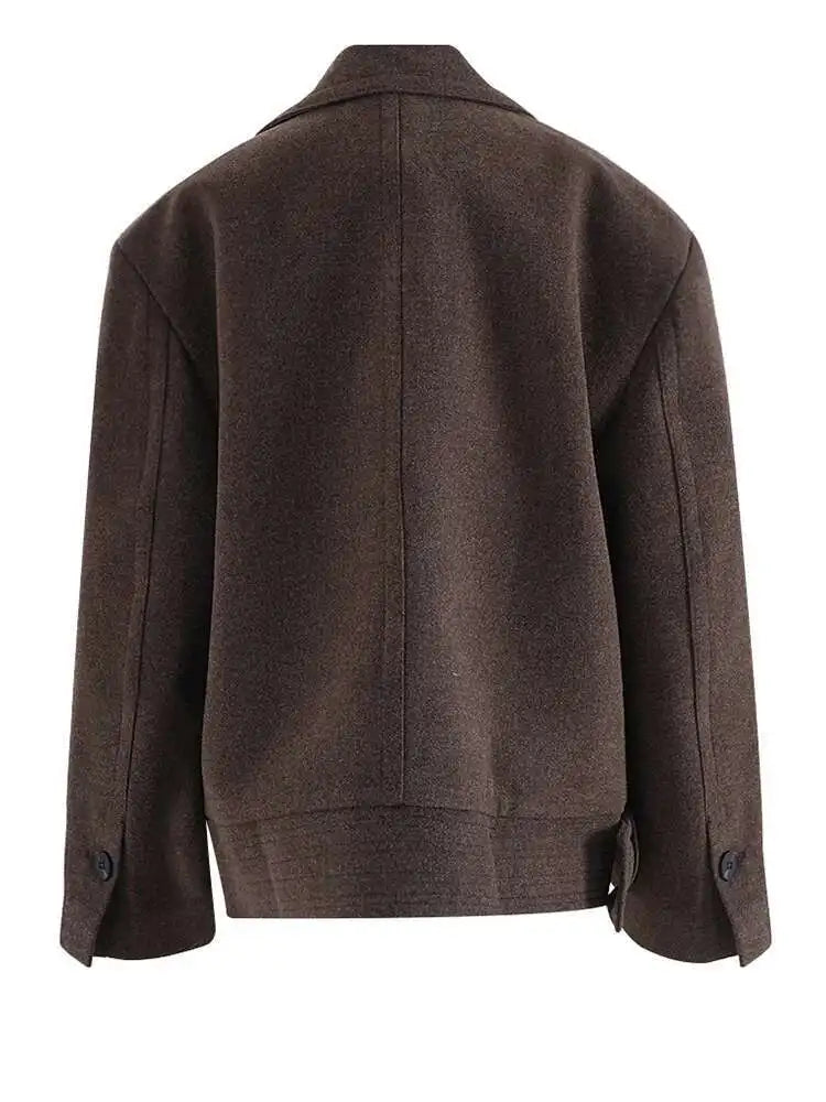 Brown Thick Big Size Double Breasted Woolen Coat New Lapel Long Sleeve Women Jacket Fashion Autumn Winter 2025 CPG2458