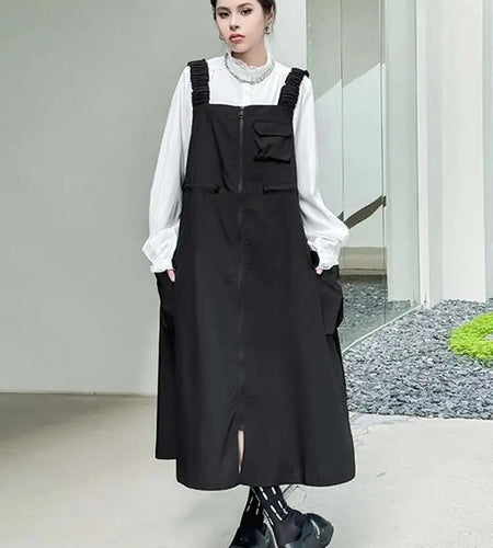Women Black Pockets Drawstring Big Size Strap Dress New Square Collar Sleeveless Fashion Tide Spring Autumn 2025 1DH9934