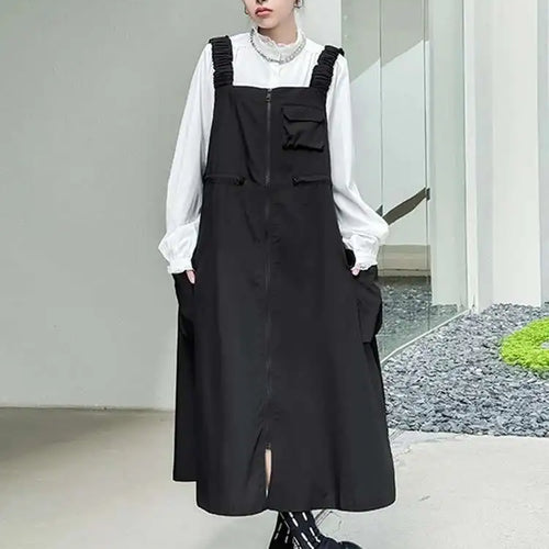 Load image into Gallery viewer, Women Black Pockets Drawstring Big Size Strap Dress New Square Collar Sleeveless Fashion Tide Spring Autumn 2025 1DH9934
