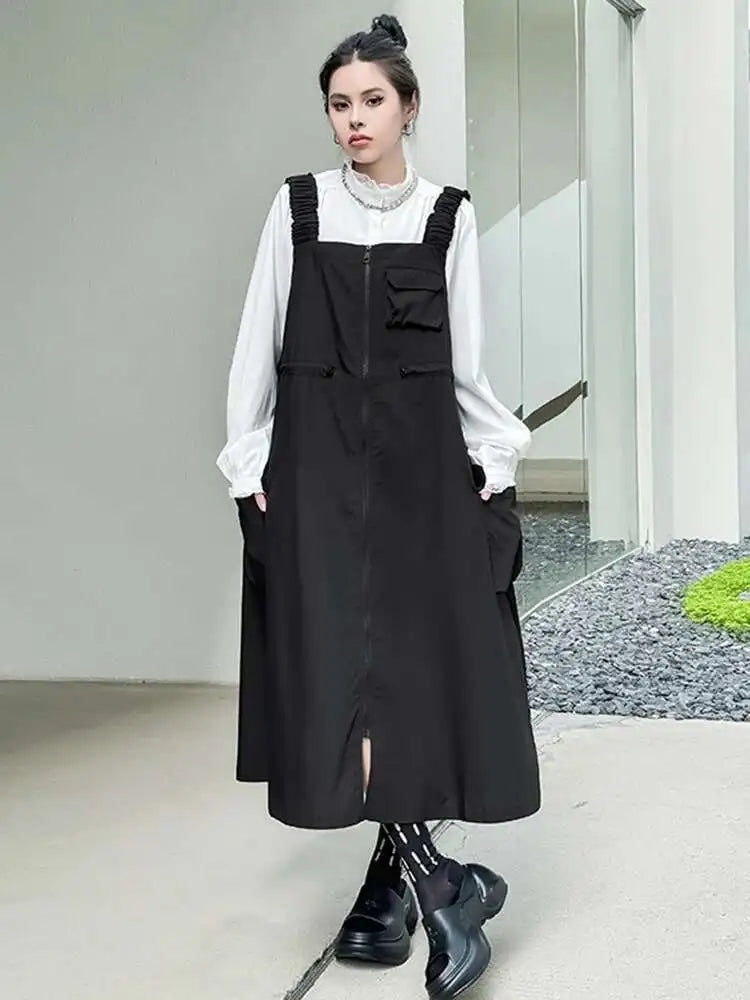 Women Black Pockets Drawstring Big Size Strap Dress New Square Collar Sleeveless Fashion Tide Spring Autumn 2025 1DH9934