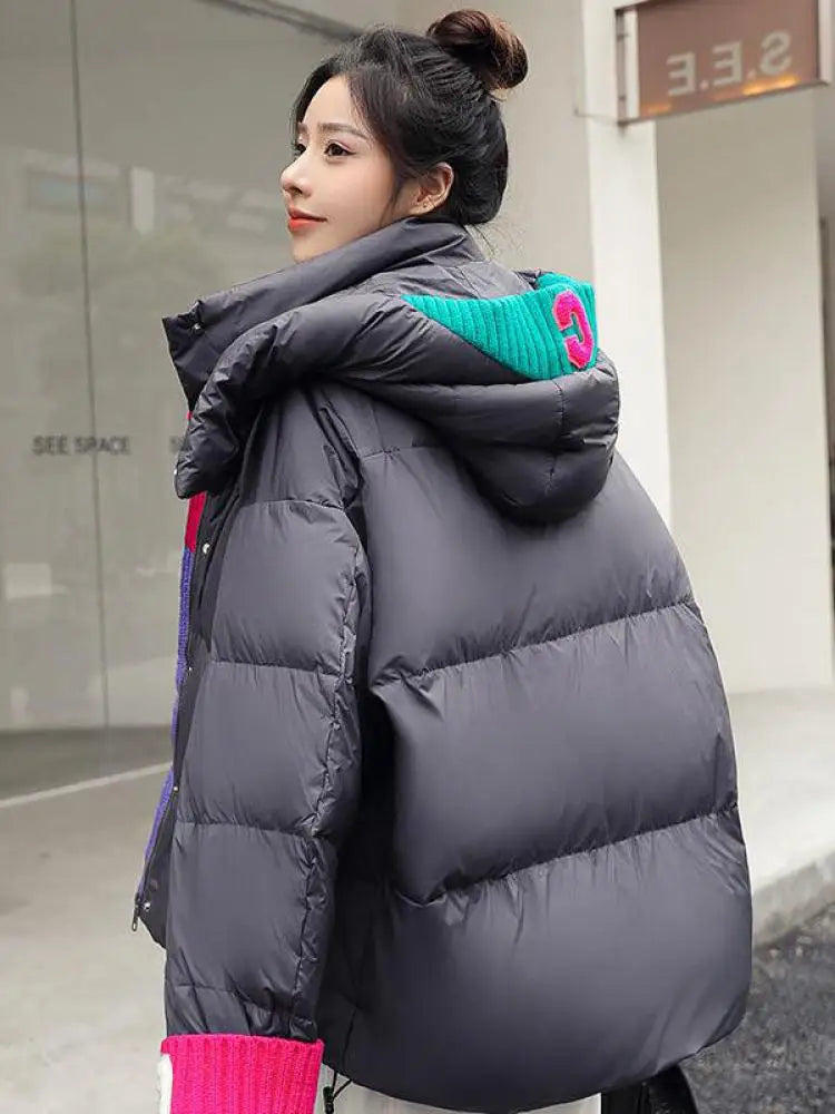 Oversize Outwear Female Winter Patchwork Zipper Down Cotton Coat 2023 New Women Loose Jacket Warm Thicken Hooded Parkas Fashion