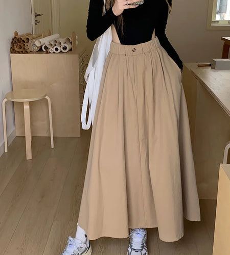Khaki Elegant Pleated Skirt For Women Pockets Office Ladies Casual A-line Elastic High Waist Black Long Skirt 2023 Autumn Winter