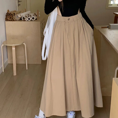 Load image into Gallery viewer, Khaki Elegant Pleated Skirt For Women Pockets Office Ladies Casual A-line Elastic High Waist Black Long Skirt 2023 Autumn Winter
