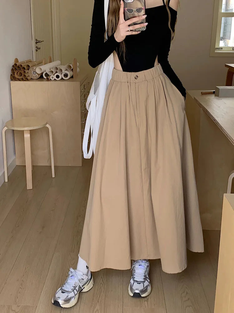 Khaki Elegant Pleated Skirt For Women Pockets Office Ladies Casual A-line Elastic High Waist Black Long Skirt 2023 Autumn Winter