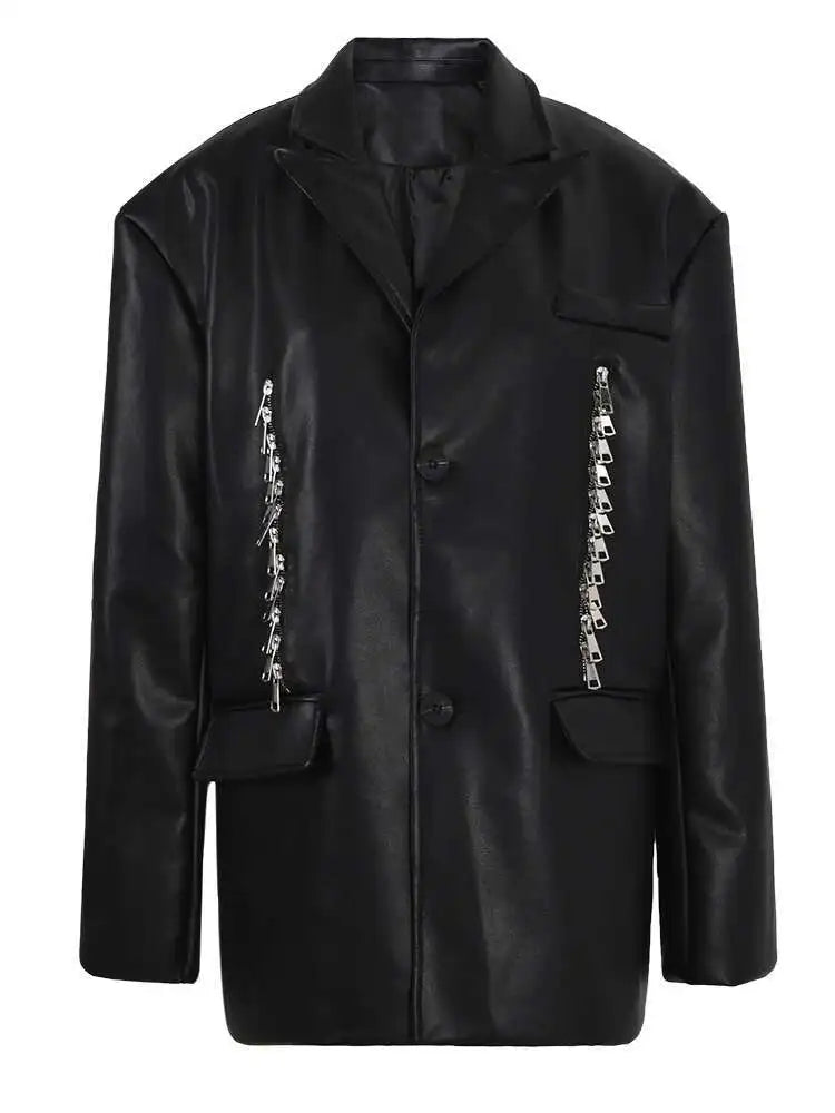 Women Black Pu Leather Zipper Big Size Casual Blazer New Lapel Long Sleeve Jacket Fashion Tide Spring Autumn 2025 CPG1010