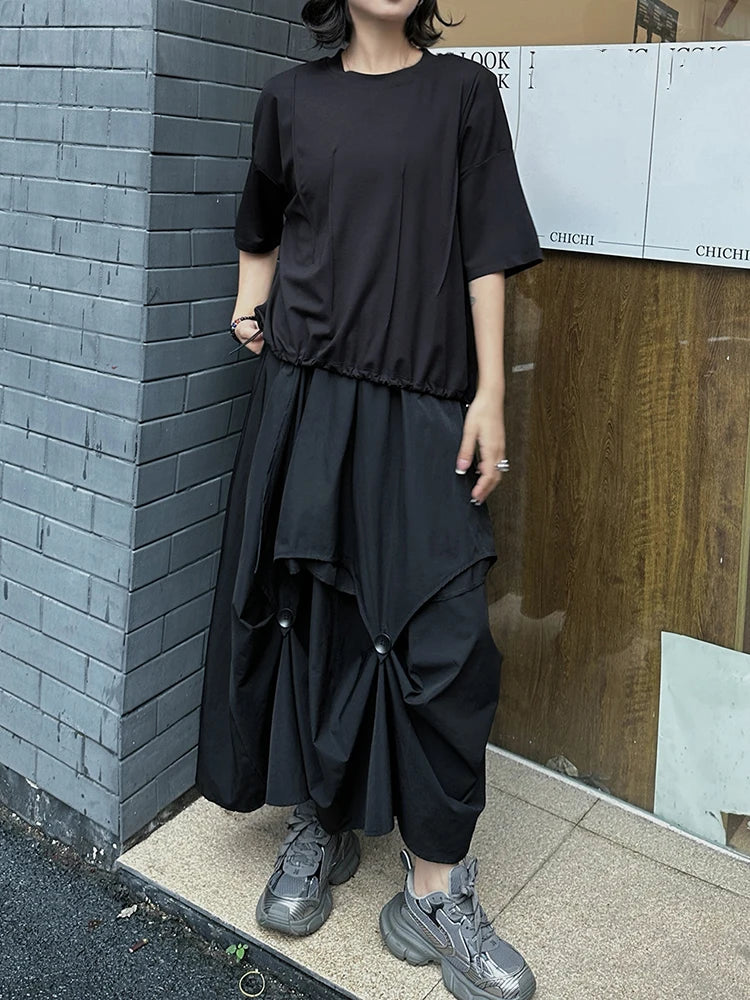 High Elastic Waist Black Button Irregular Pleated A-line Half-body Skirt Women Fashion Tide New Spring Autumn 2025 1DJ1296
