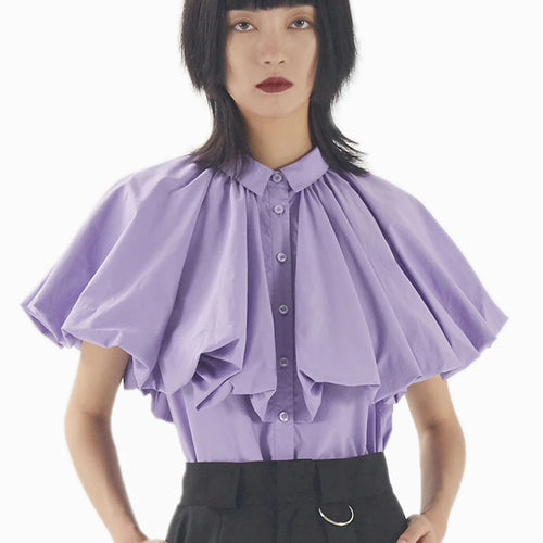 Load image into Gallery viewer, Purple Sweet Shirt For Female Lapel Short Sleeve Patchwork Ruffle Single Breasted Women&#39;s Elegant Blouses Korean Fashion
