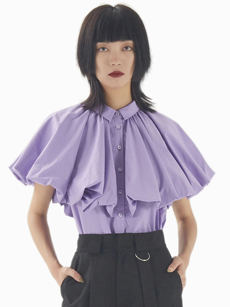 Purple Sweet Shirt For Female Lapel Short Sleeve Patchwork Ruffle Single Breasted Women's Elegant Blouses Korean Fashion