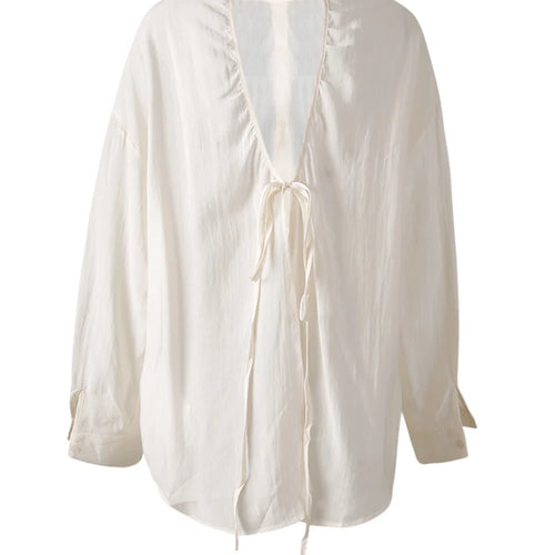 Load image into Gallery viewer, Women Green Backless Bandage Thin Big Size Blouse New Lapel Long Sleeve Shirt Fashion Tide Spring Summer 2025 CPG3253
