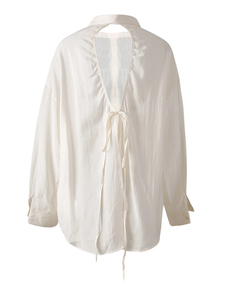 Women Green Backless Bandage Thin Big Size Blouse New Lapel Long Sleeve Shirt Fashion Tide Spring Summer 2025 CPG3253