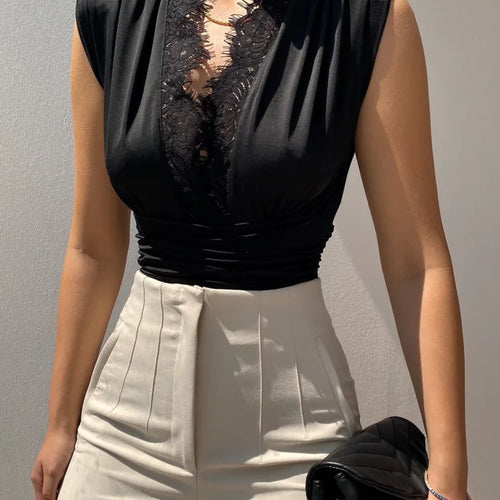 Load image into Gallery viewer, Spring/Summer Sleeveless Lace Edge Deep V Elastic Tight Bodysuit Women Slim Fit Female Bodypsuit Bodycon 2024 New
