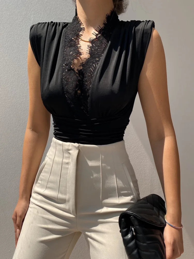 Spring/Summer Sleeveless Lace Edge Deep V Elastic Tight Bodysuit Women Slim Fit Female Bodypsuit Bodycon 2024 New