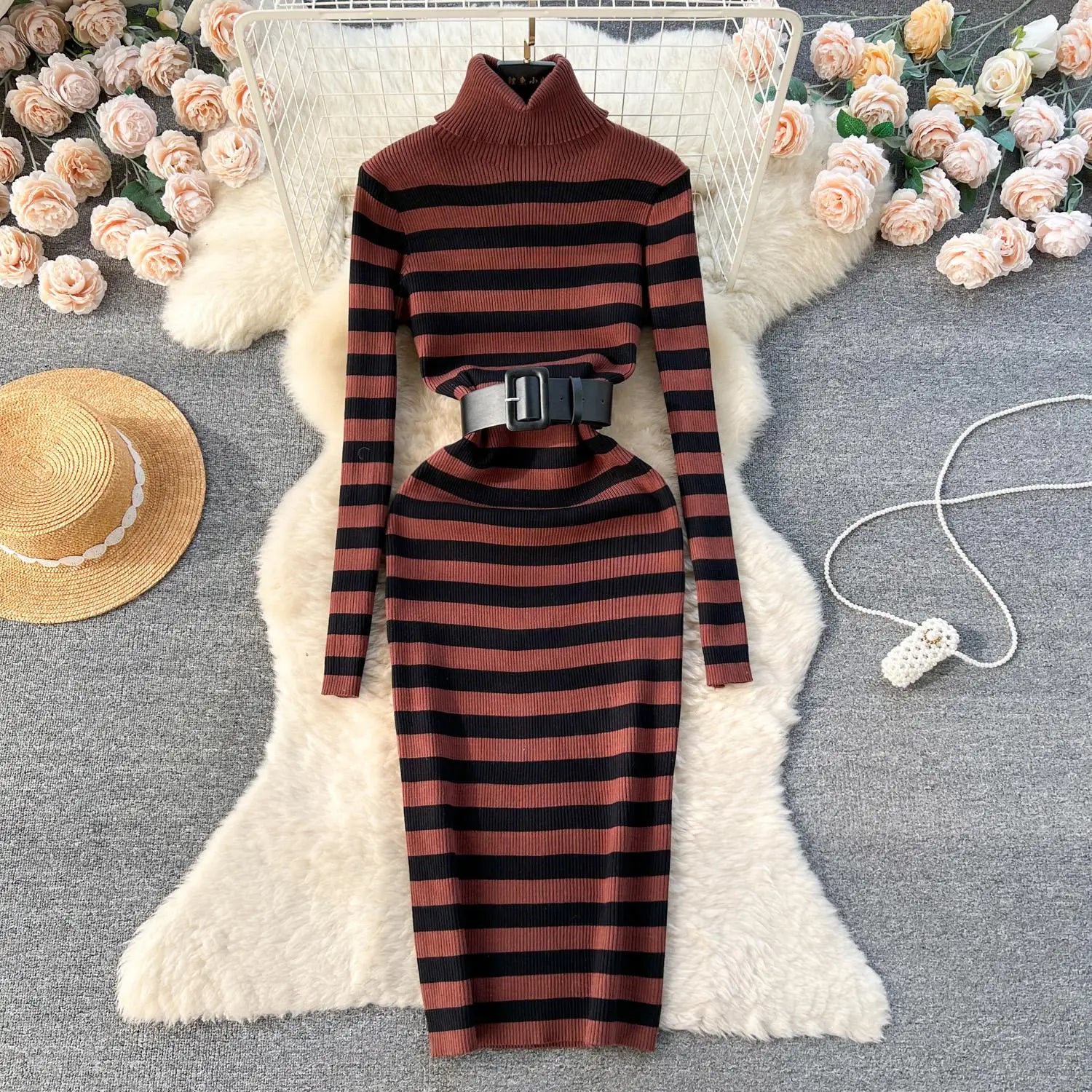 Autumn Winter Patchwork Stripe Knit Long Dress Female Fashion Medium Length High Neck Warm Loose Slim Sweater Dress Women French